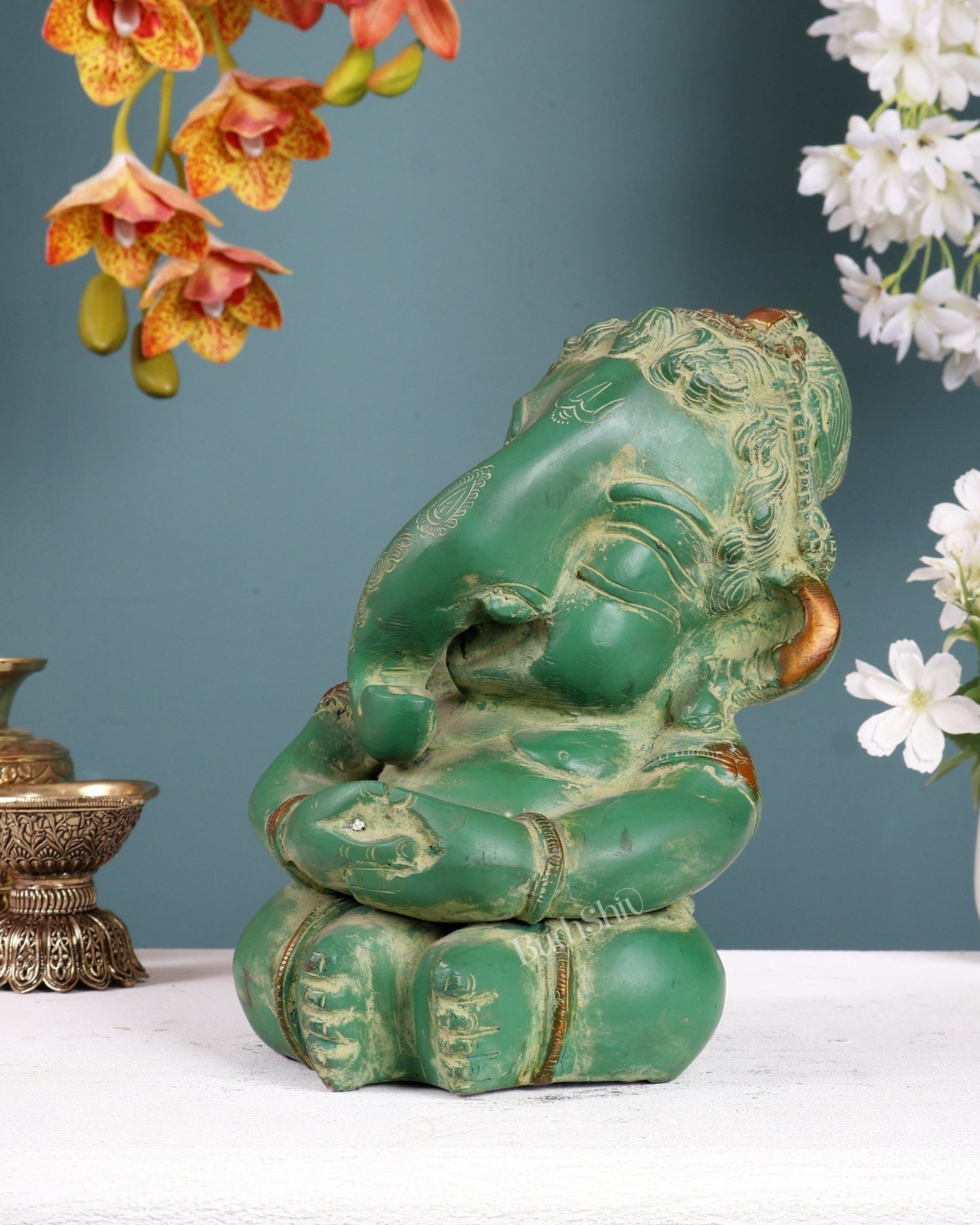 Pure Brass Baby Ganesha Statue | Vintage Green Patina Finish 8 inch - Budhshiv.com