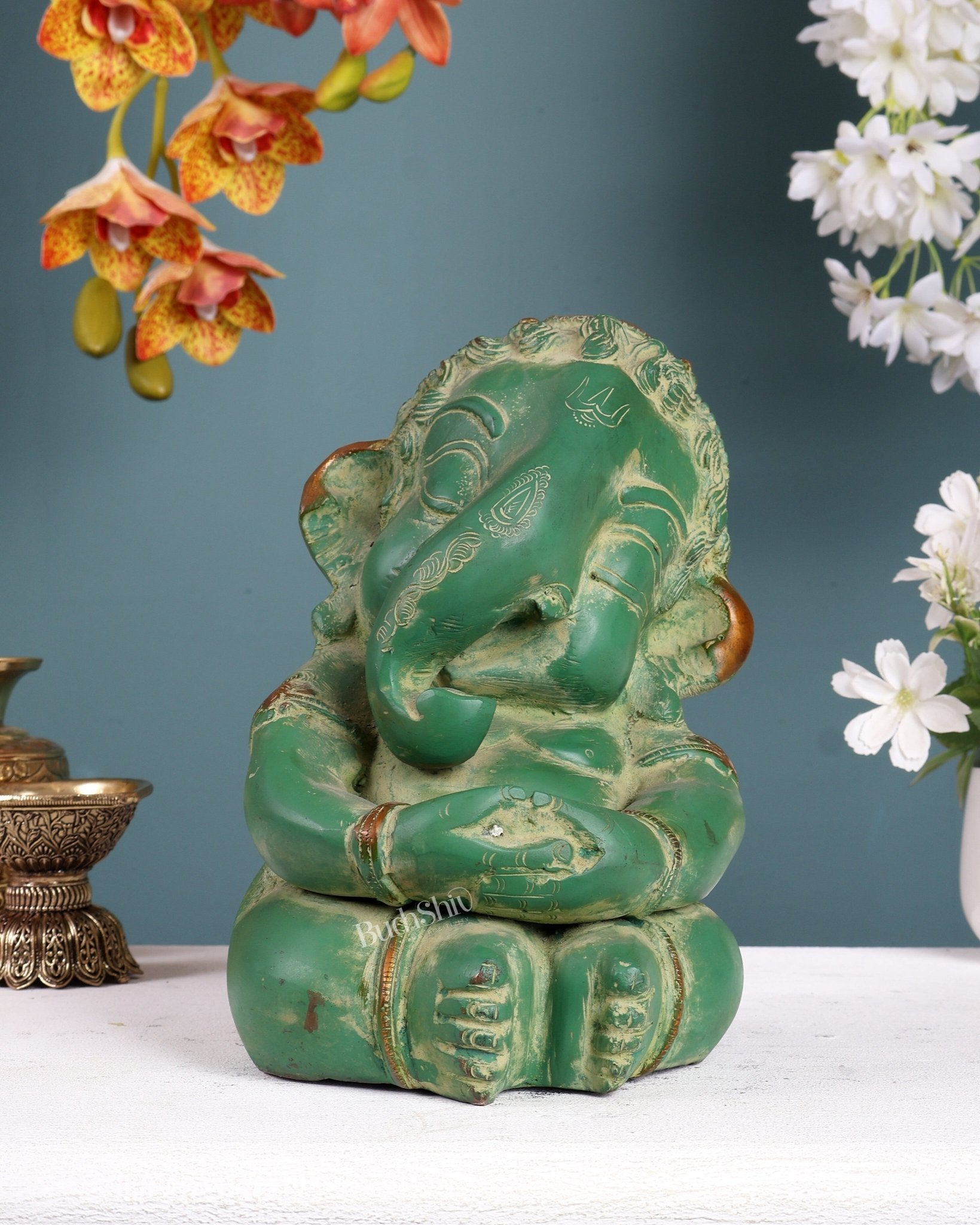 Pure Brass Baby Ganesha Statue | Vintage Green Patina Finish 8 inch - Budhshiv.com