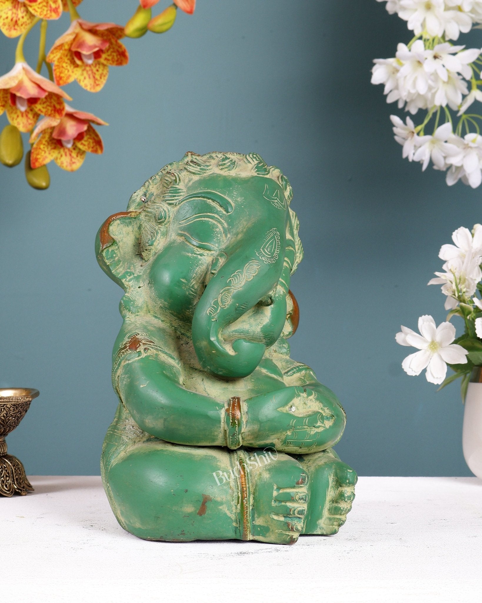 Pure Brass Baby Ganesha Statue | Vintage Green Patina Finish 8 inch - Budhshiv.com