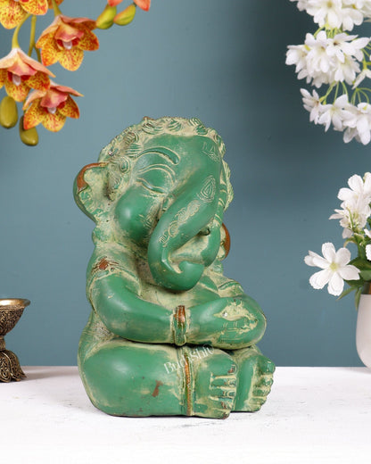 Pure Brass Baby Ganesha Statue | Vintage Green Patina Finish 8 inch - Budhshiv.com