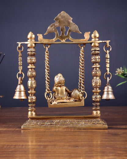Pure Brass baby krishna bal gopal makhan chor Swing Hanging Bells | 10 Inch | - Budhshiv.com