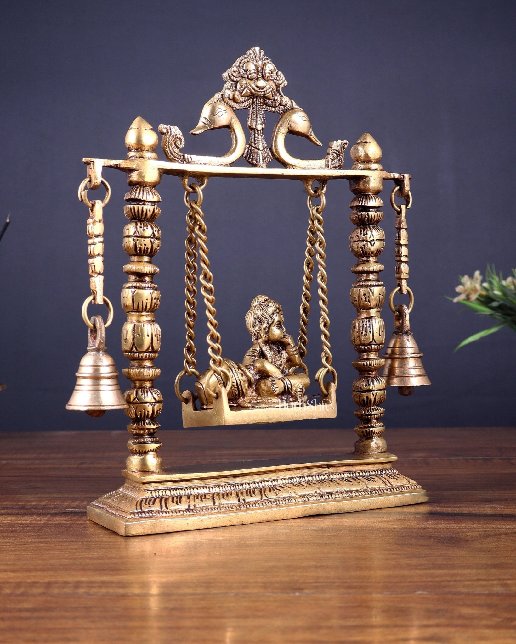 Pure Brass baby krishna bal gopal makhan chor Swing Hanging Bells | 10 Inch | - Budhshiv.com