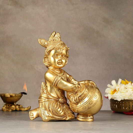 Pure Brass Baby Krishna Makhan chor idol 7" - Budhshiv.com