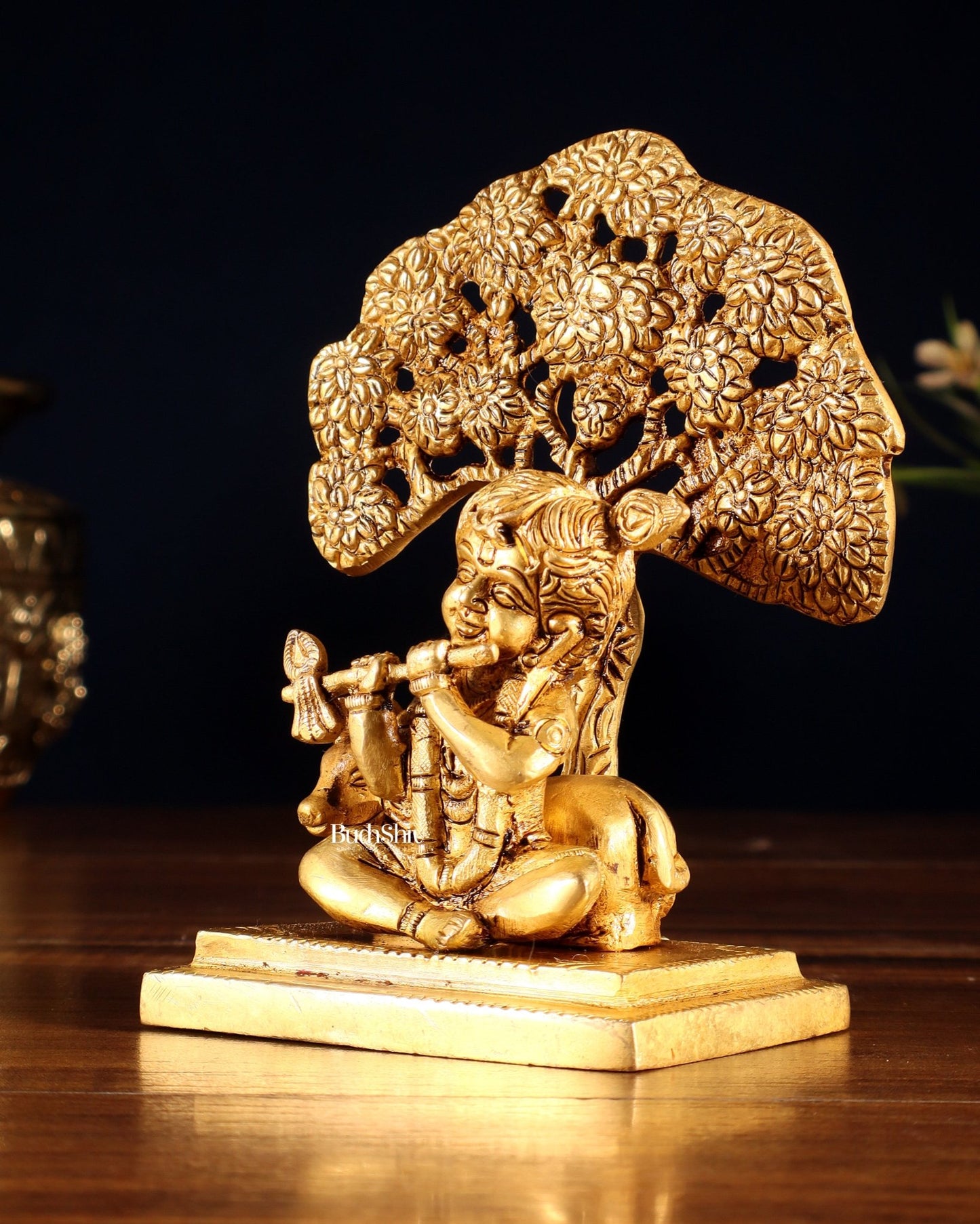 Pure Brass Baby Krishna with Cow under Kalpavriksha Tree – 5.5" - Budhshiv.com