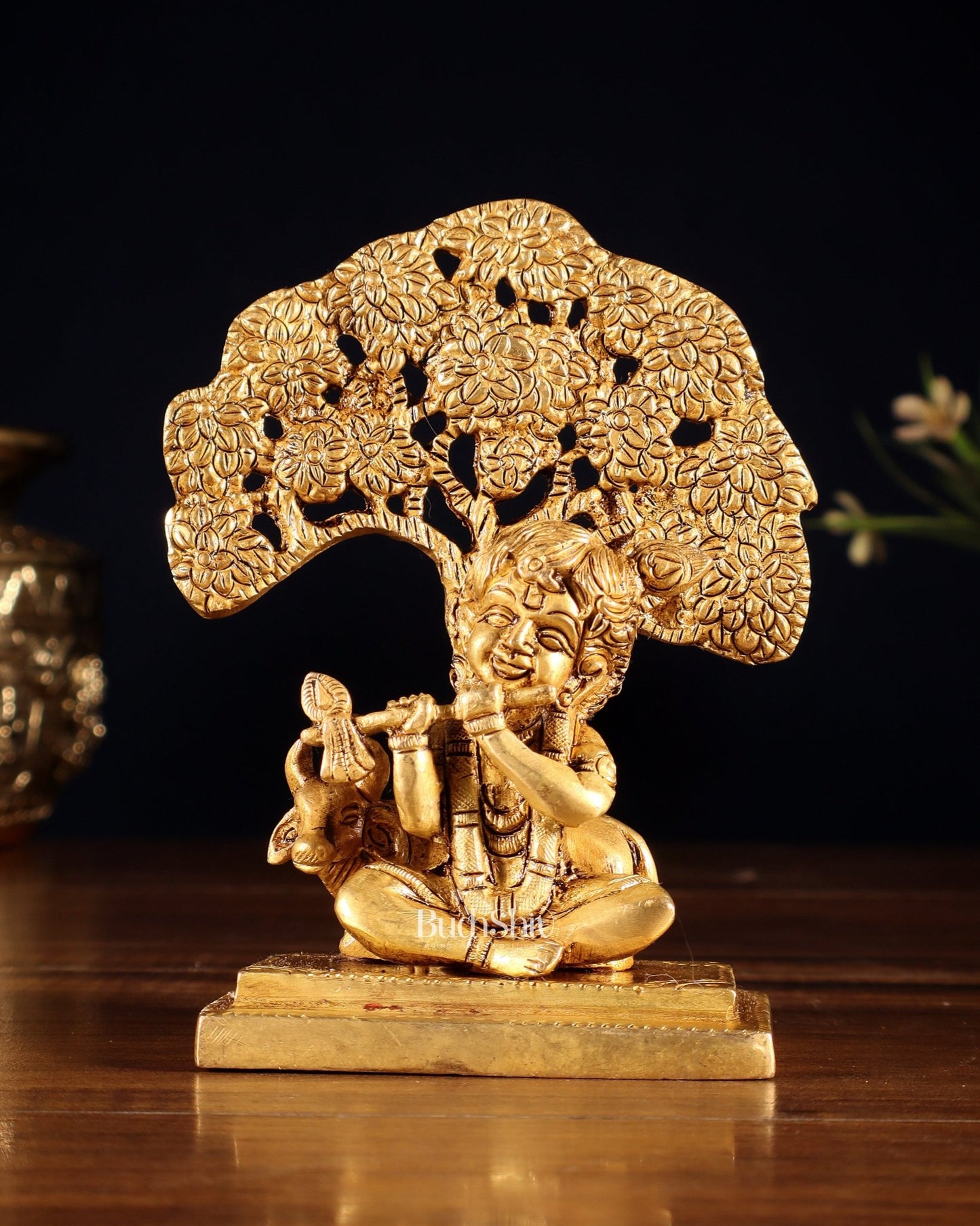 Pure Brass Baby Krishna with Cow under Kalpavriksha Tree – 5.5" - Budhshiv.com