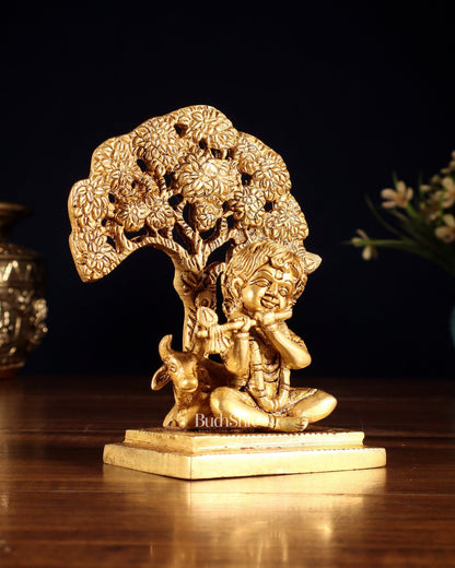 Pure Brass Baby Krishna with Cow under Kalpavriksha Tree – 5.5" - Budhshiv.com