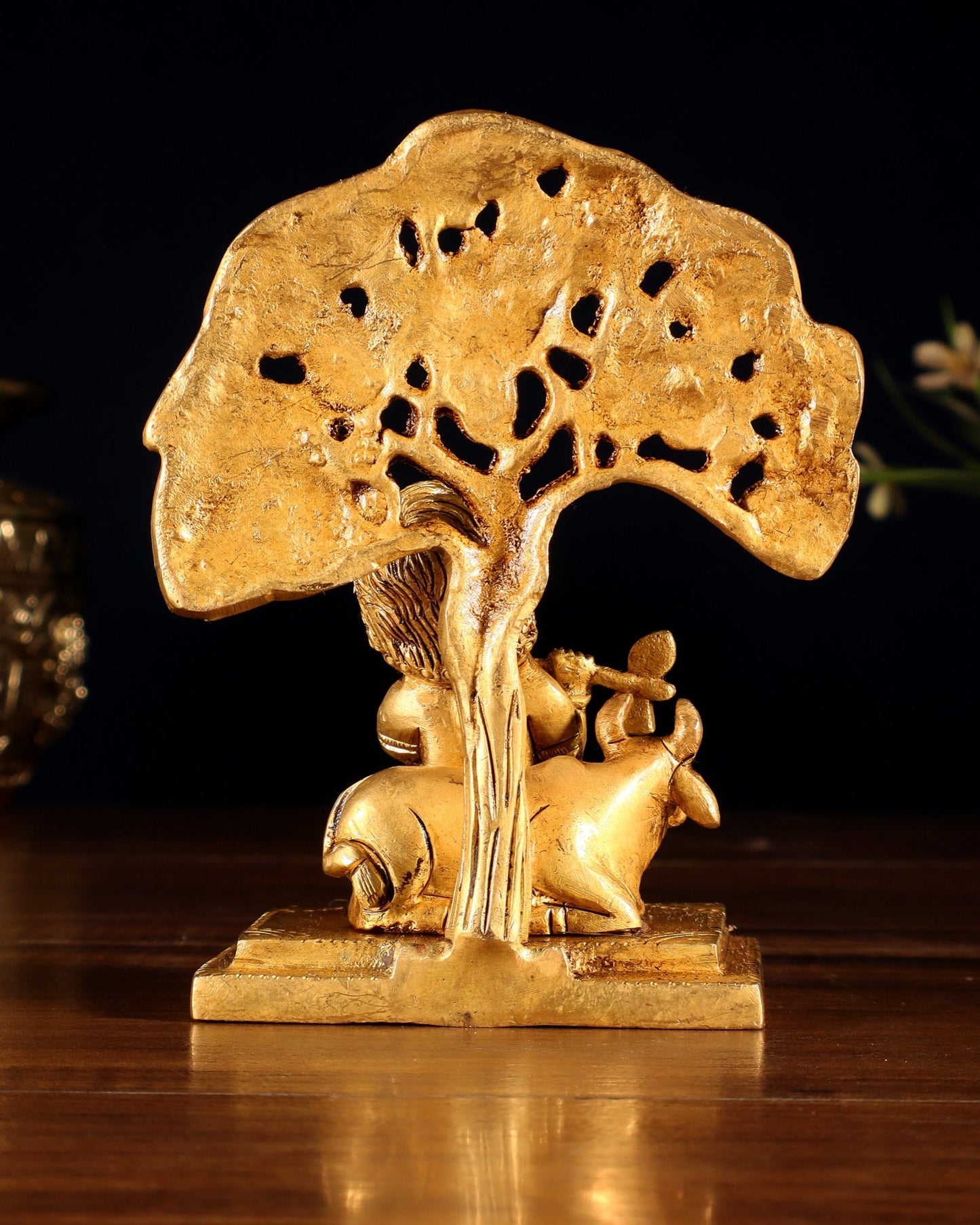 Pure Brass Baby Krishna with Cow under Kalpavriksha Tree – 5.5" - Budhshiv.com