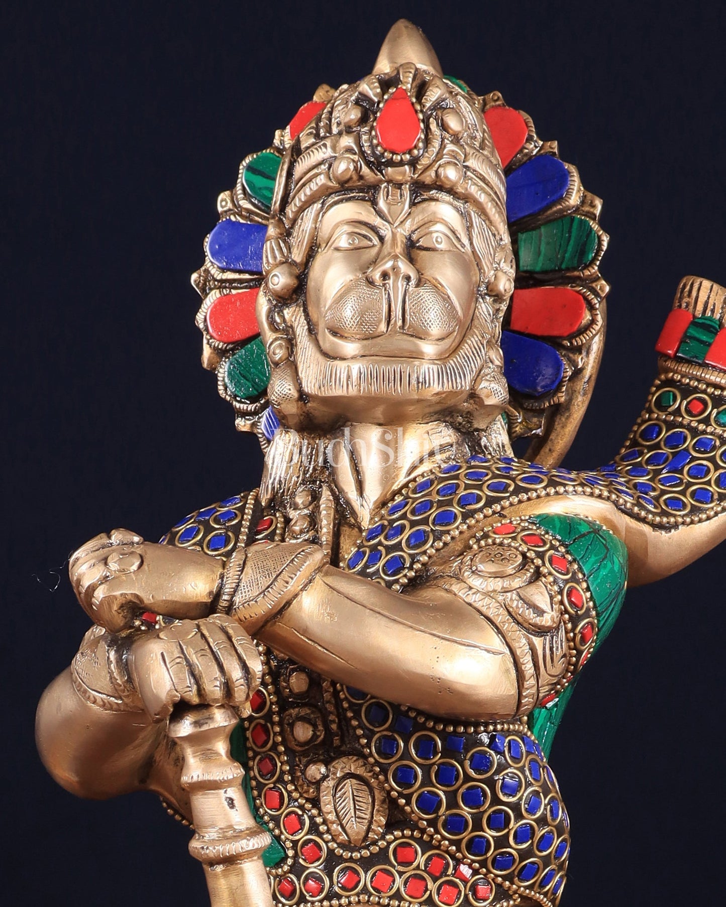 Pure Brass Bahubali Hanuman Standing Large Statue 14" with stonework - Budhshiv.com