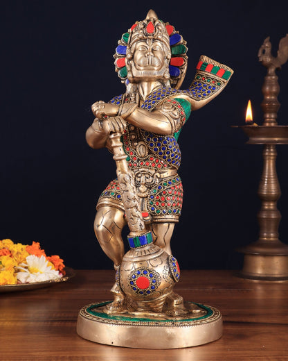 Pure Brass Bahubali Hanuman Standing Large Statue 14" with stonework - Budhshiv.com