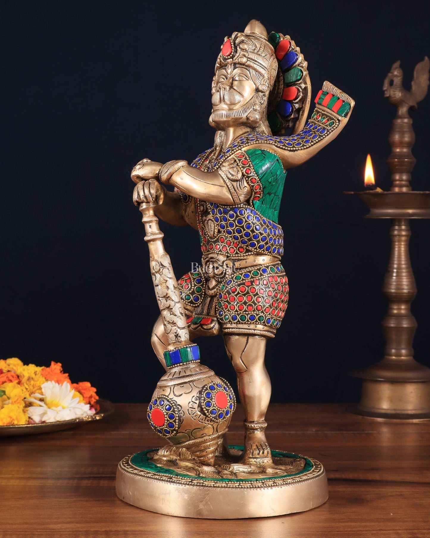 Pure Brass Bahubali Hanuman Standing Large Statue 14" with stonework - Budhshiv.com