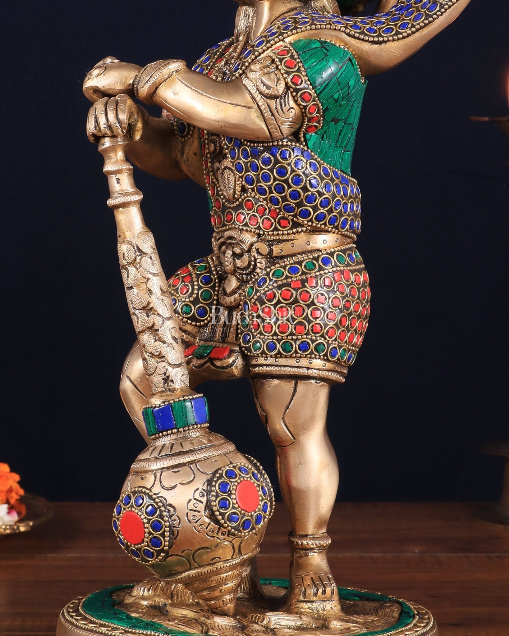 Pure Brass Bahubali Hanuman Standing Large Statue 14" with stonework - Budhshiv.com