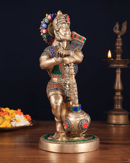 Pure Brass Bahubali Hanuman Standing Large Statue 14" with stonework - Budhshiv.com