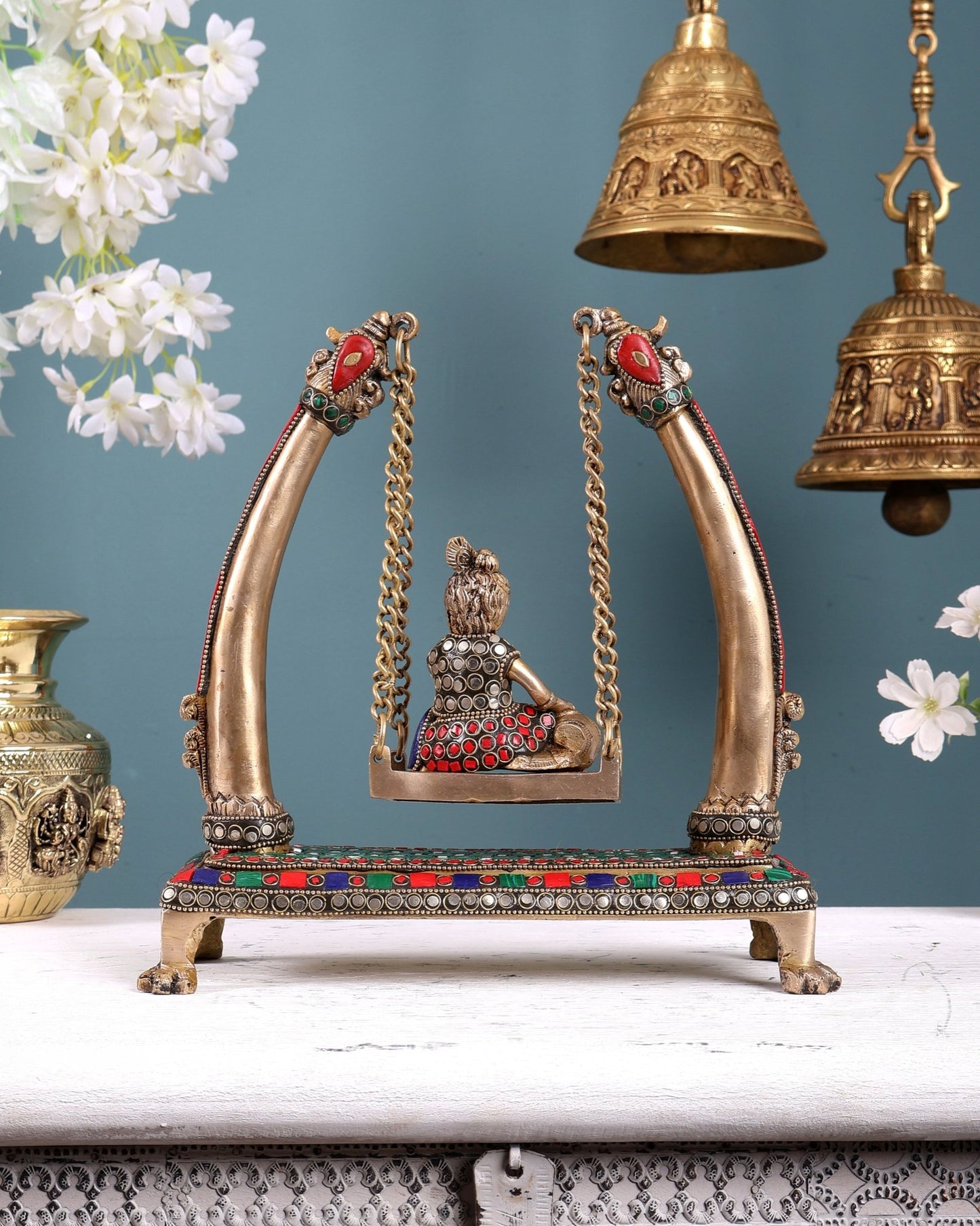 Pure Brass Bal Gopal Makhan Chor on Swing Idol 10 inch with Stonework - Budhshiv.com