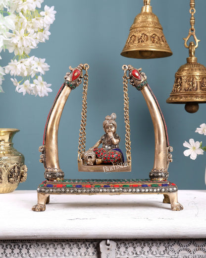 Pure Brass Bal Gopal Makhan Chor on Swing Idol 10 inch with Stonework - Budhshiv.com