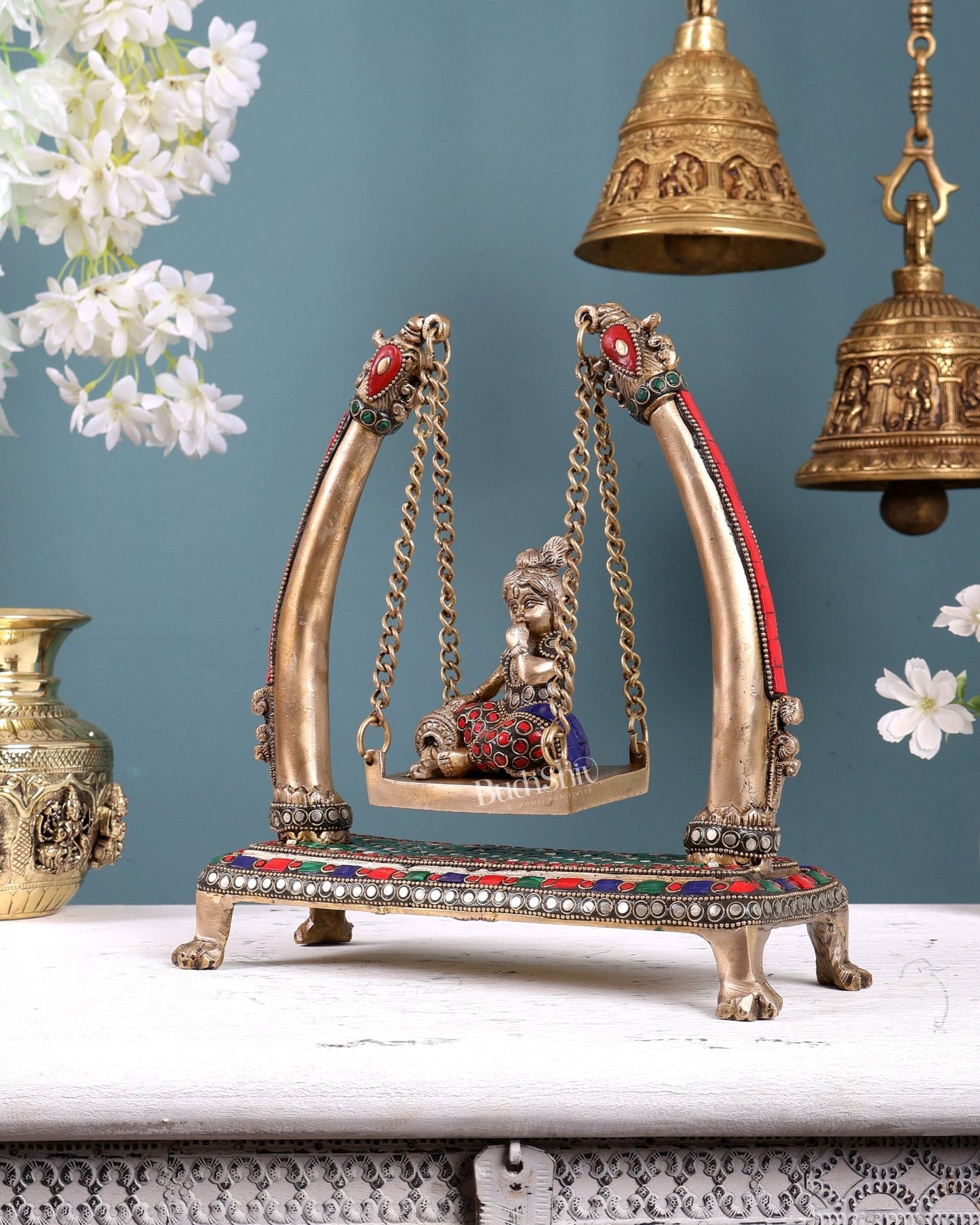 Pure Brass Bal Gopal Makhan Chor on Swing Idol 10 inch with Stonework - Budhshiv.com