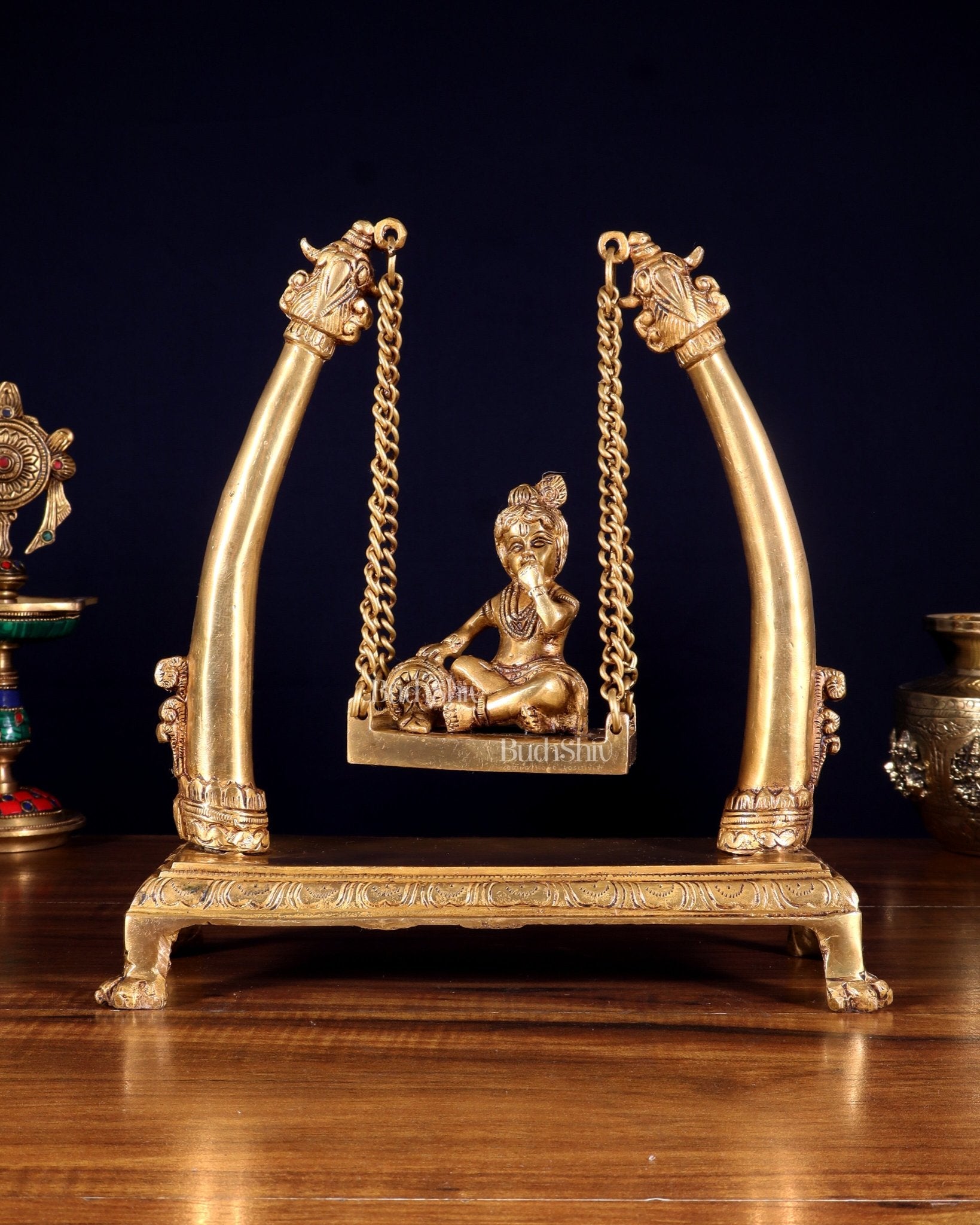 Pure Brass Bal Gopal Makhan Chor on Swing Idol 10 inch - Budhshiv.com