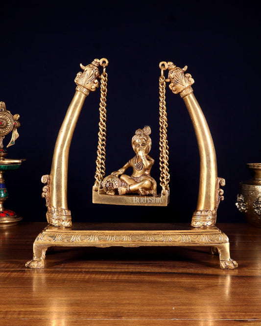 Pure Brass Bal Gopal Makhan Chor on Swing Idol 10 inch - Budhshiv.com