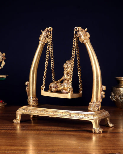 Pure Brass Bal Gopal Makhan Chor on Swing Idol 10 inch - Budhshiv.com