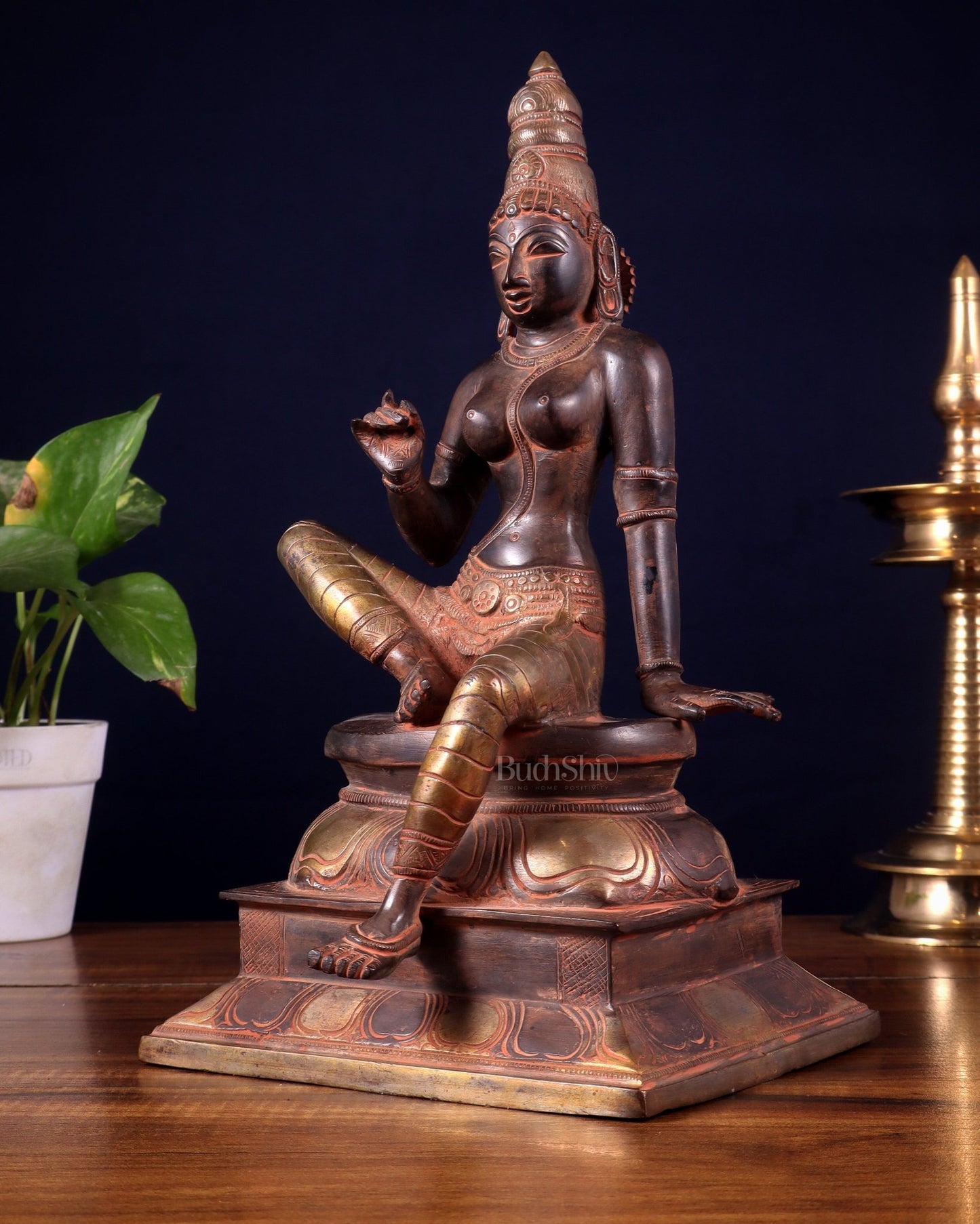 Pure Brass Bhoga Shakti Seated Parvati Idol - 12" - Budhshiv.com