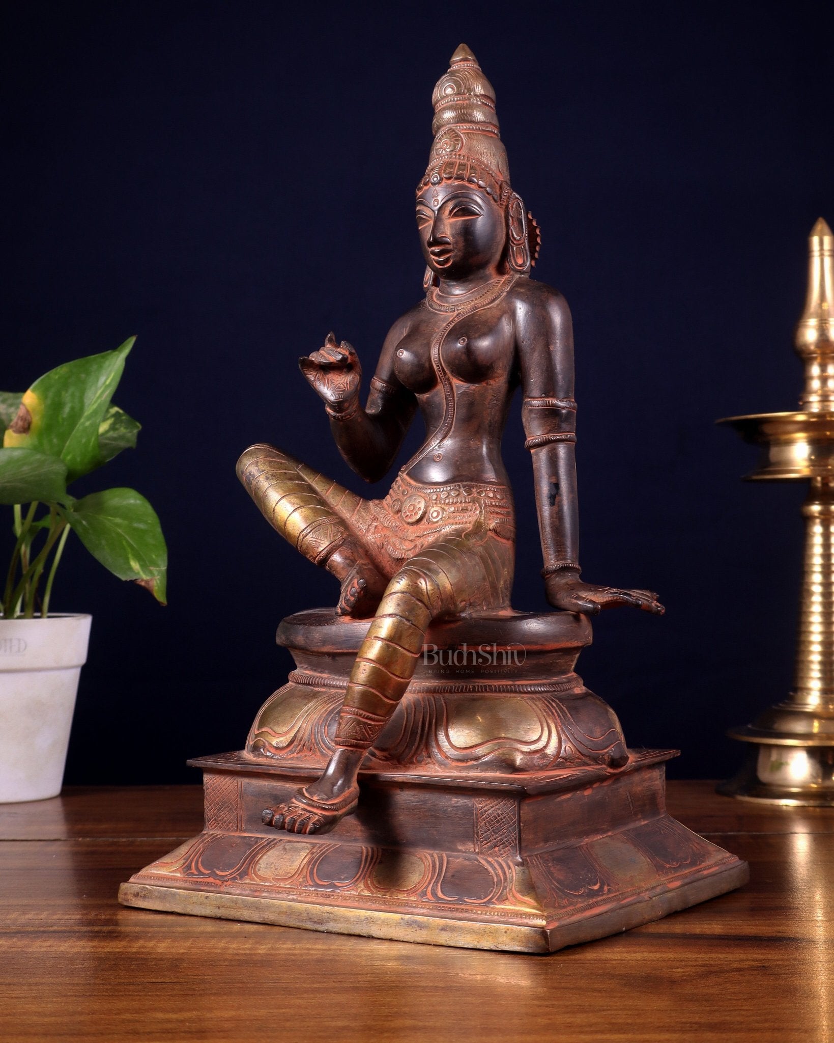 Pure Brass Bhoga Shakti Seated Parvati Idol - 12" - Budhshiv.com