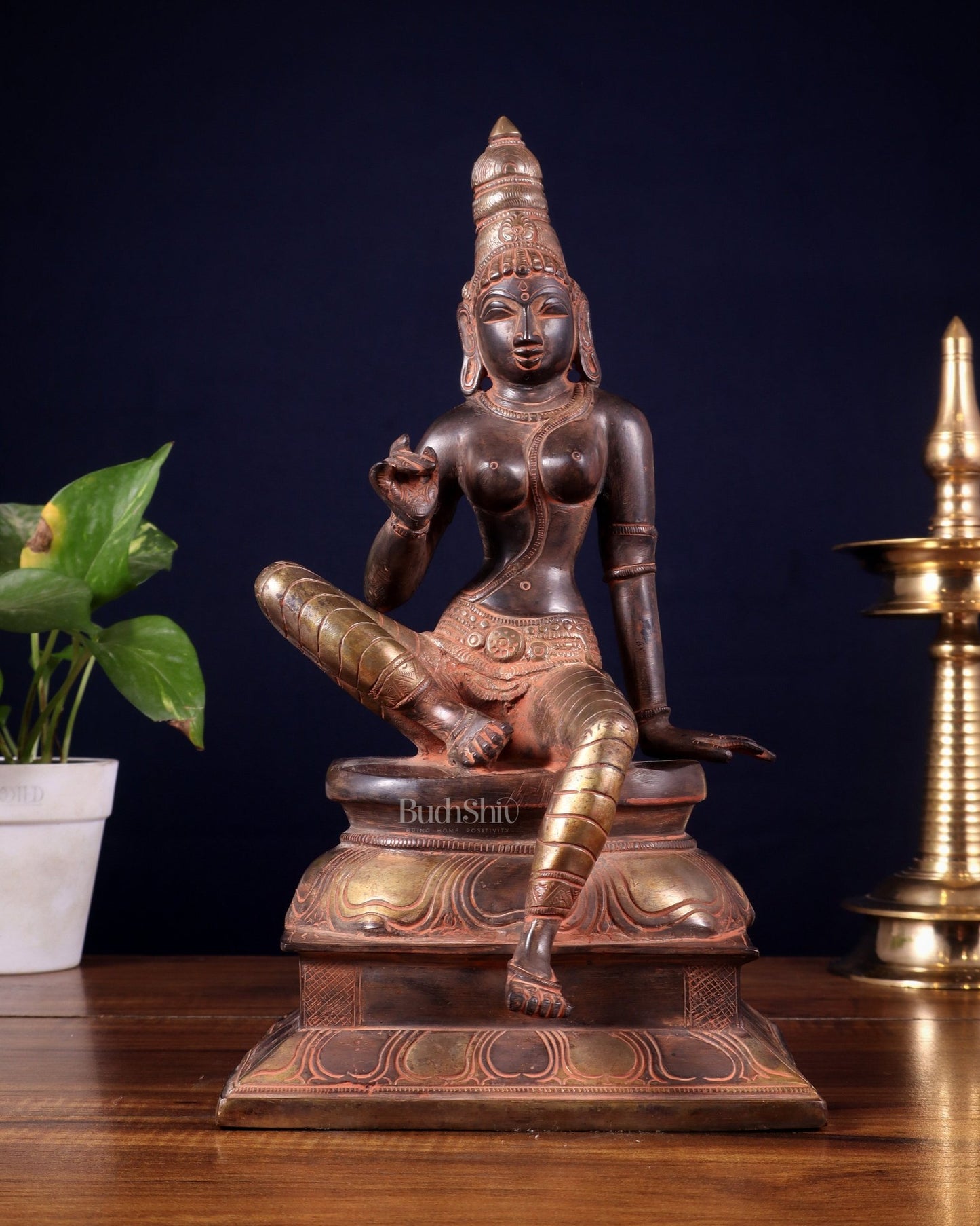 Pure Brass Bhoga Shakti Seated Parvati Idol - 12" - Budhshiv.com