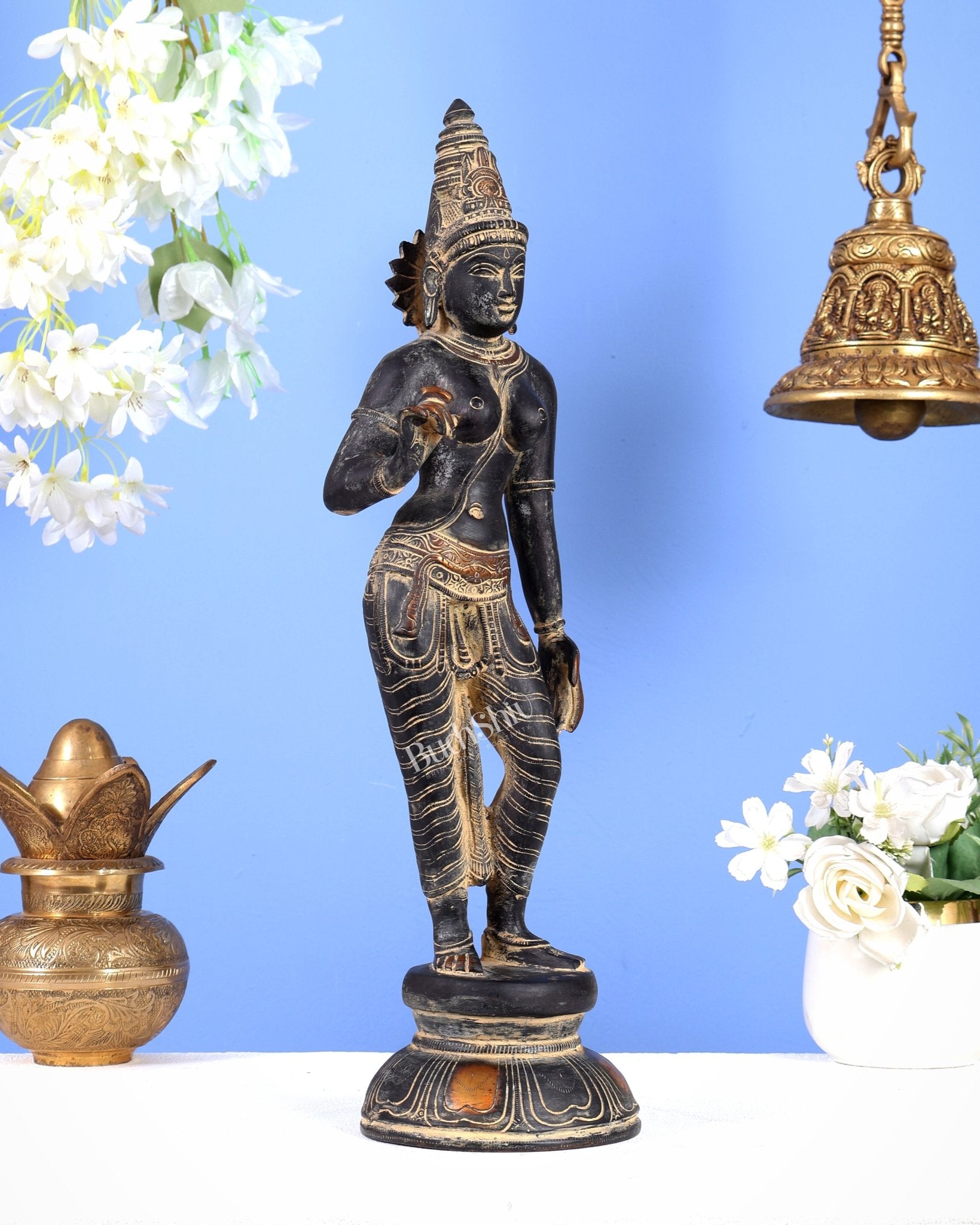 Pure Brass Bhoga Shakti Standing Uma Parvati Idol 18 inch antique patina - Budhshiv.com