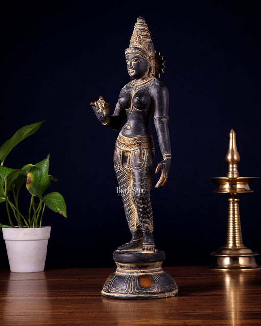 Pure Brass Bhoga Shakti Standing Uma Parvati Idol 18 inch antique patina - Budhshiv.com