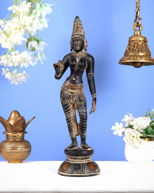 Pure Brass Bhoga Shakti Standing Uma Parvati Idol 18 inch antique patina - Budhshiv.com