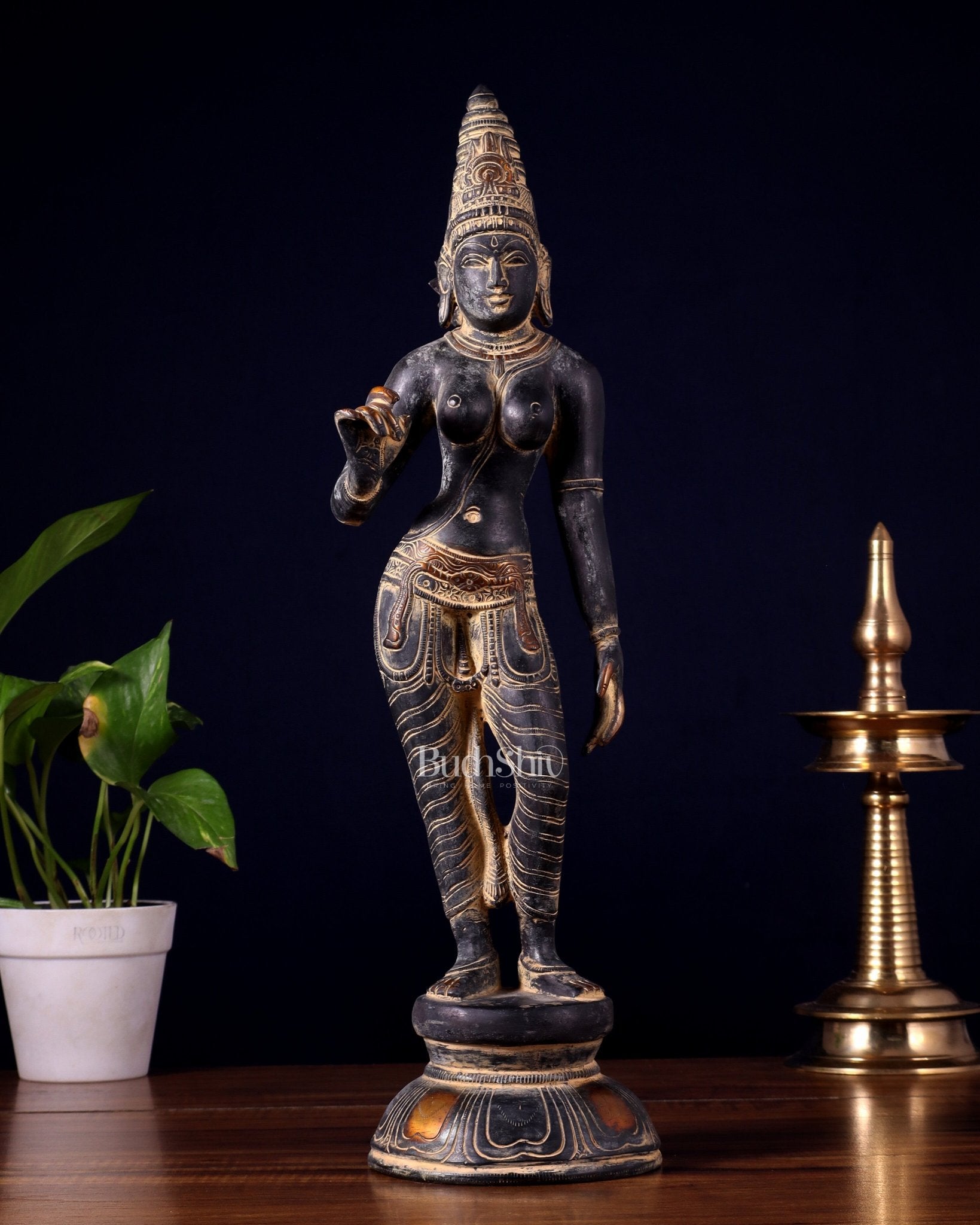 Pure Brass Bhoga Shakti Standing Uma Parvati Idol 18 inch antique patina - Budhshiv.com