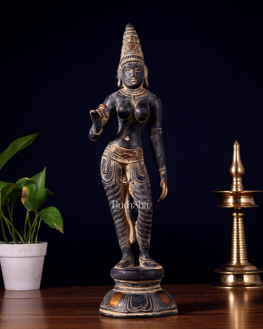 Pure Brass Bhoga Shakti Standing Uma Parvati Idol 18 inch antique patina - Budhshiv.com