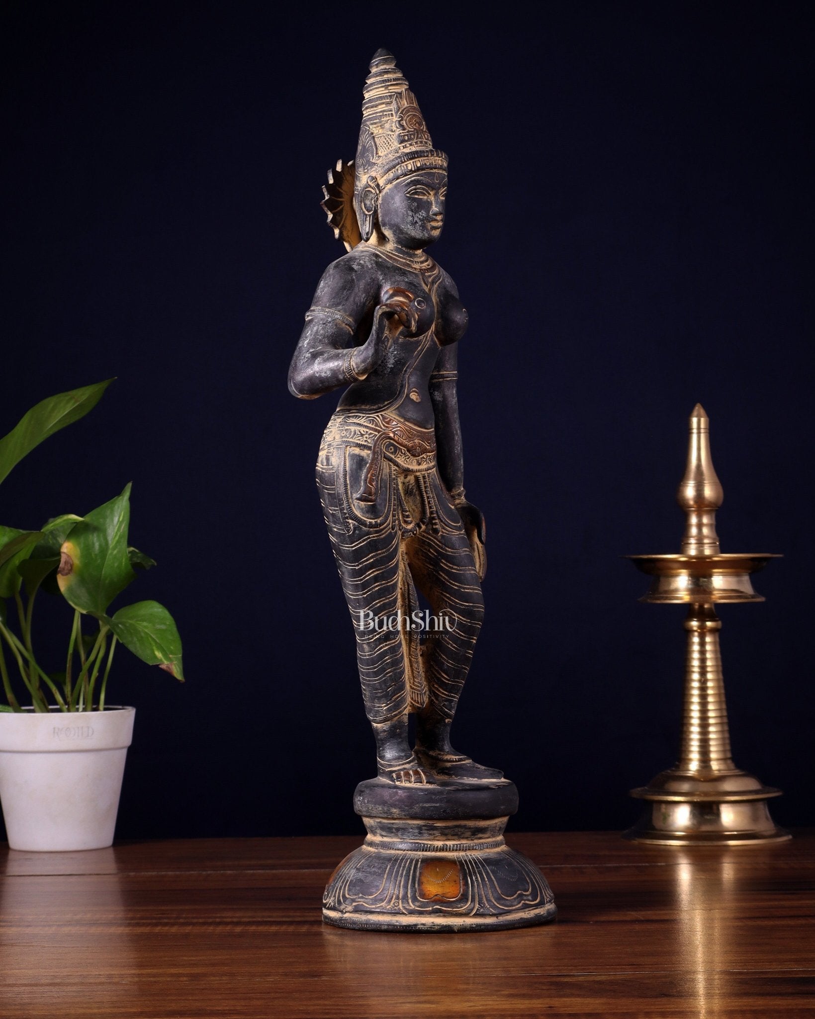 Pure Brass Bhoga Shakti Standing Uma Parvati Idol 18 inch antique patina - Budhshiv.com