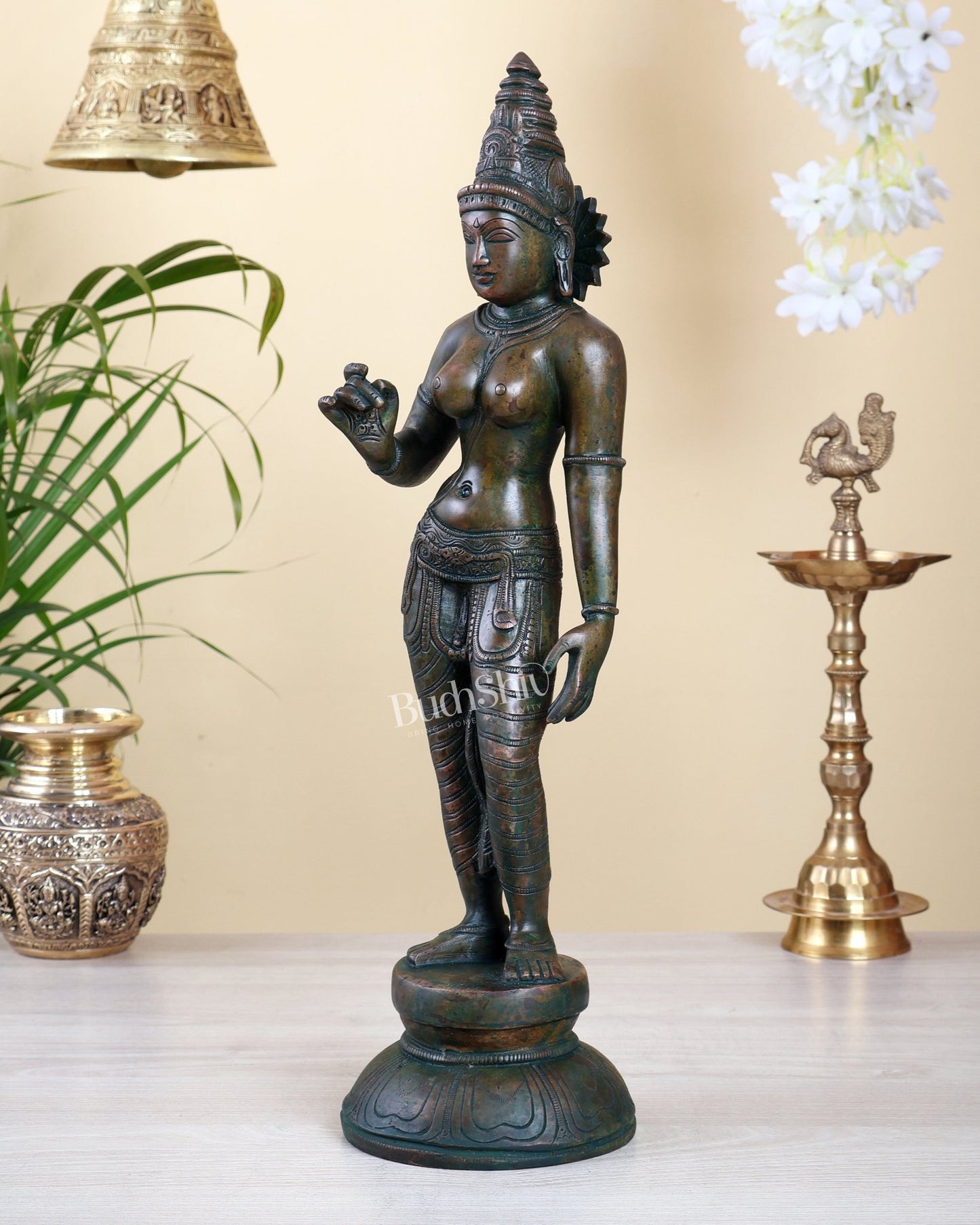 Pure Brass Bhoga Shakti Standing Uma Parvati Idol 18 inch Bronze patina - Budhshiv.com