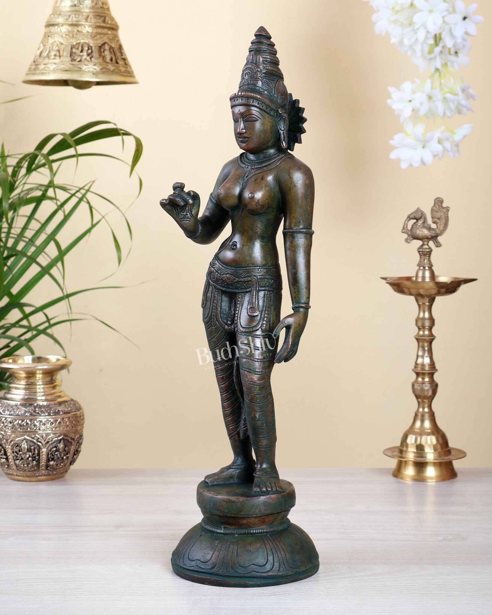 Pure Brass Bhoga Shakti Standing Uma Parvati Idol 18 inch Bronze patina - Budhshiv.com