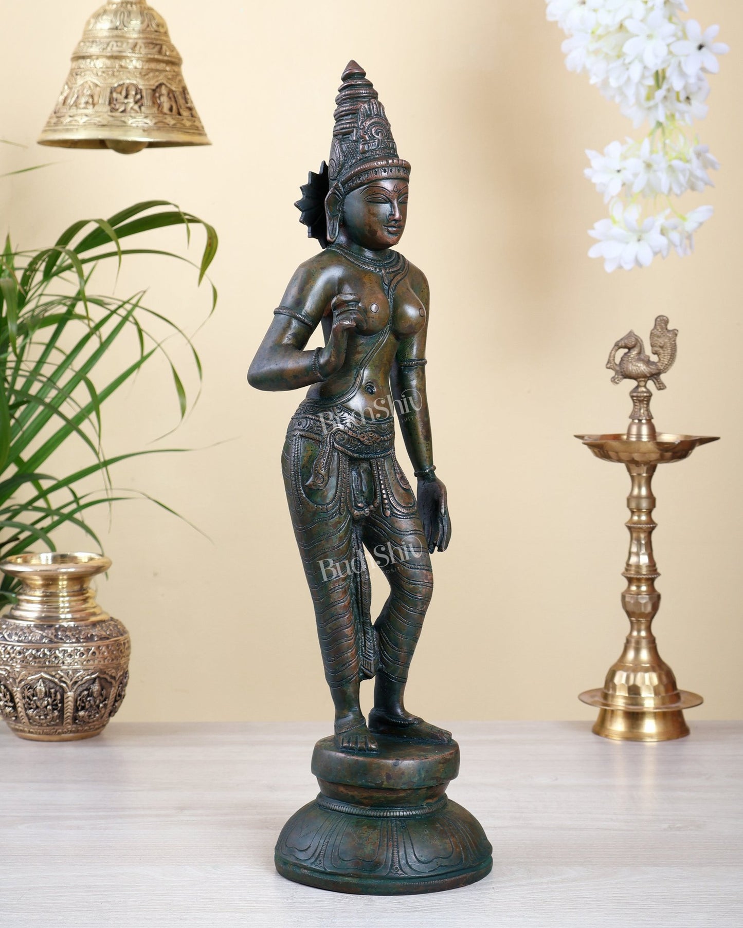 Pure Brass Bhoga Shakti Standing Uma Parvati Idol 18 inch Bronze patina - Budhshiv.com