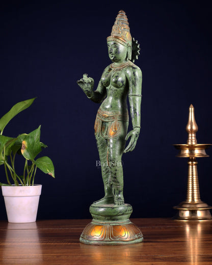 Pure Brass Bhoga Shakti Standing Uma Parvati Idol 18 inch green patina - Budhshiv.com