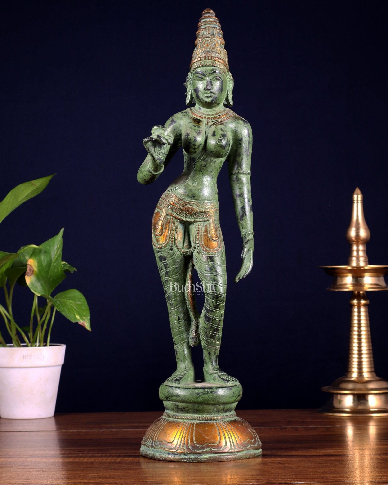 Pure Brass Bhoga Shakti Standing Uma Parvati Idol 18 inch green patina - Budhshiv.com