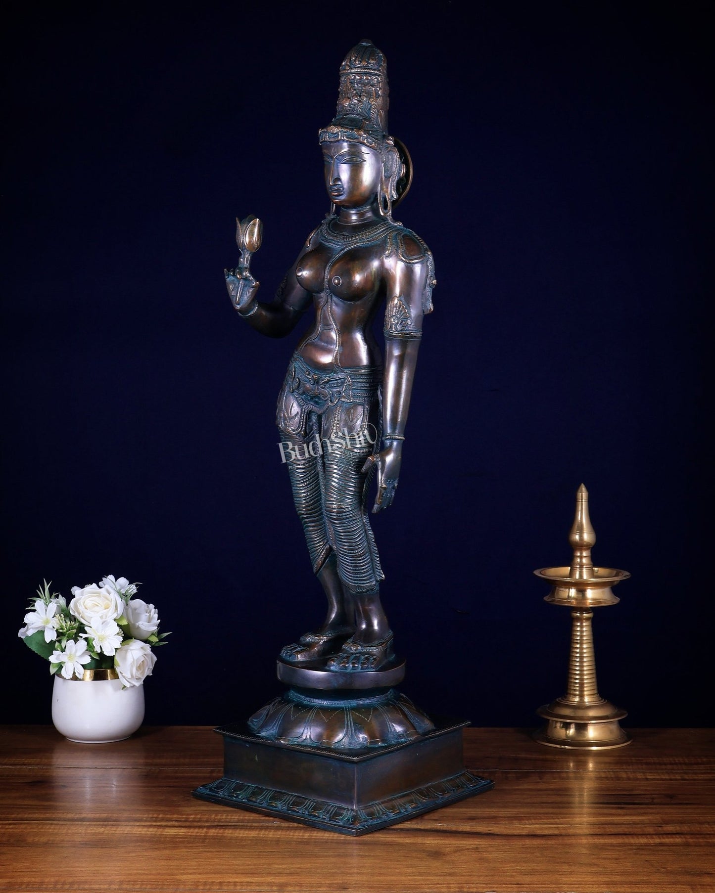 Pure Brass Bhoga Shakti Standing Uma Parvati Statue – bronze tone 29.5 inch - Budhshiv.com