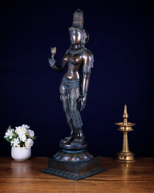 Pure Brass Bhoga Shakti Standing Uma Parvati Statue – bronze tone 29.5 inch - Budhshiv.com