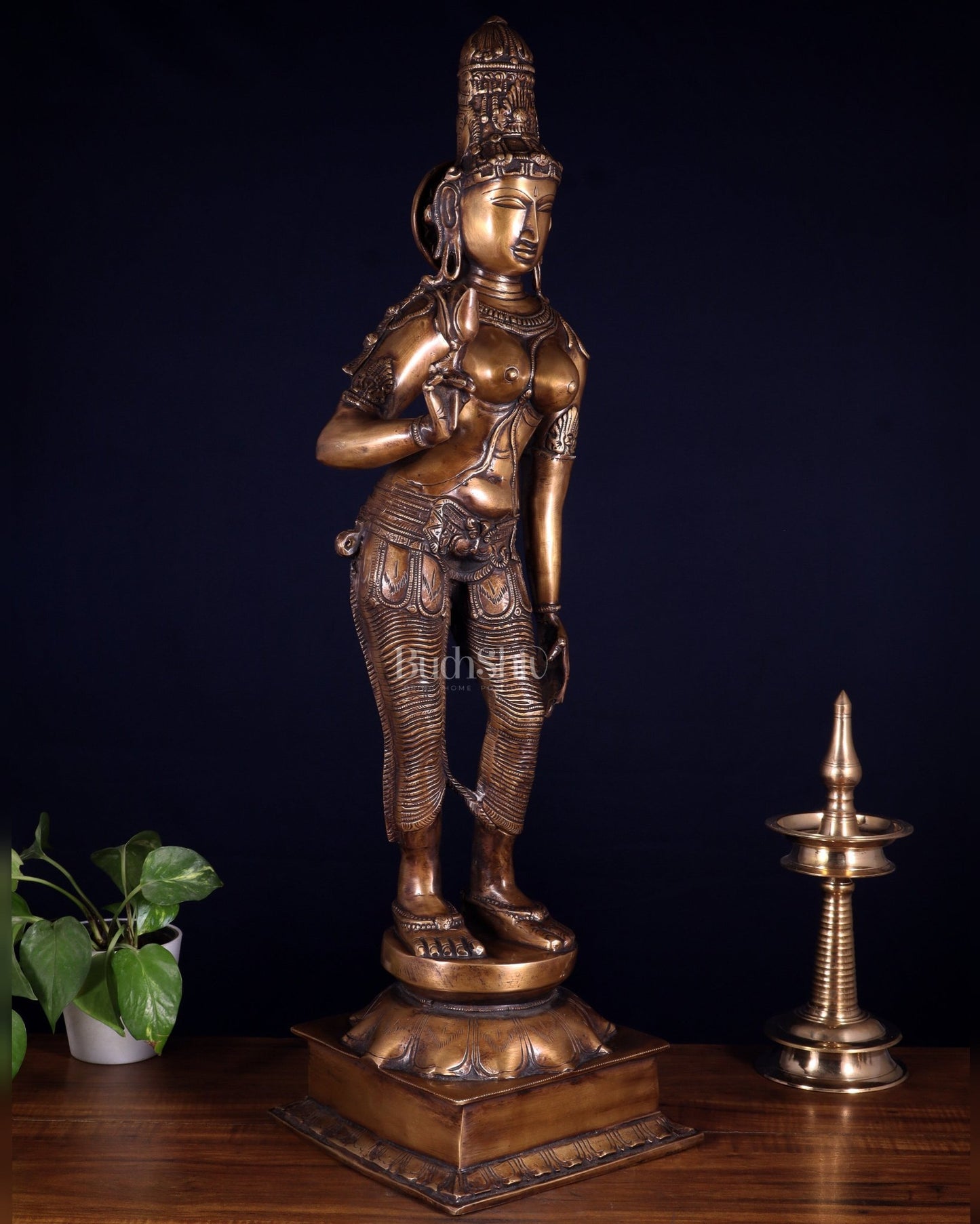 Pure Brass Bhoga Shakti Standing Uma Parvati Statue – Vintage Finish 29.5 inch - Budhshiv.com