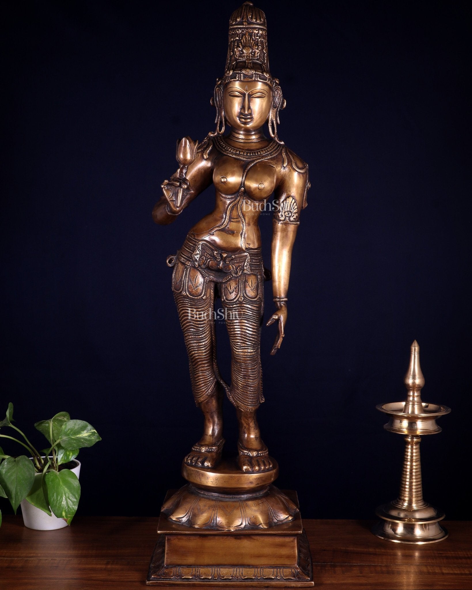 Pure Brass Bhoga Shakti Standing Uma Parvati Statue – Vintage Finish 29.5 inch - Budhshiv.com