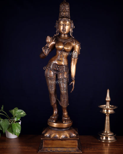 Pure Brass Bhoga Shakti Standing Uma Parvati Statue – Vintage Finish 29.5 inch - Budhshiv.com