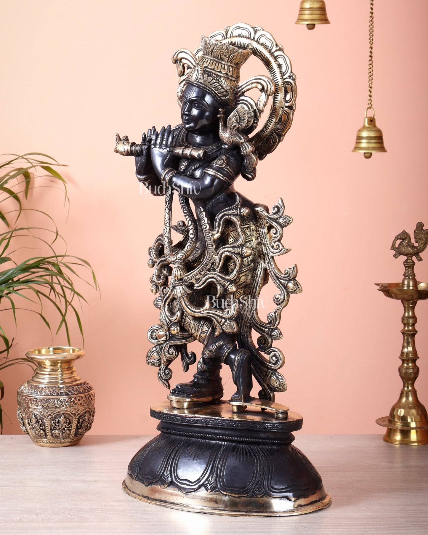 Pure Brass Black Krishna Statue – 22 inch Unique Stance & Divine Presence - Budhshiv.com