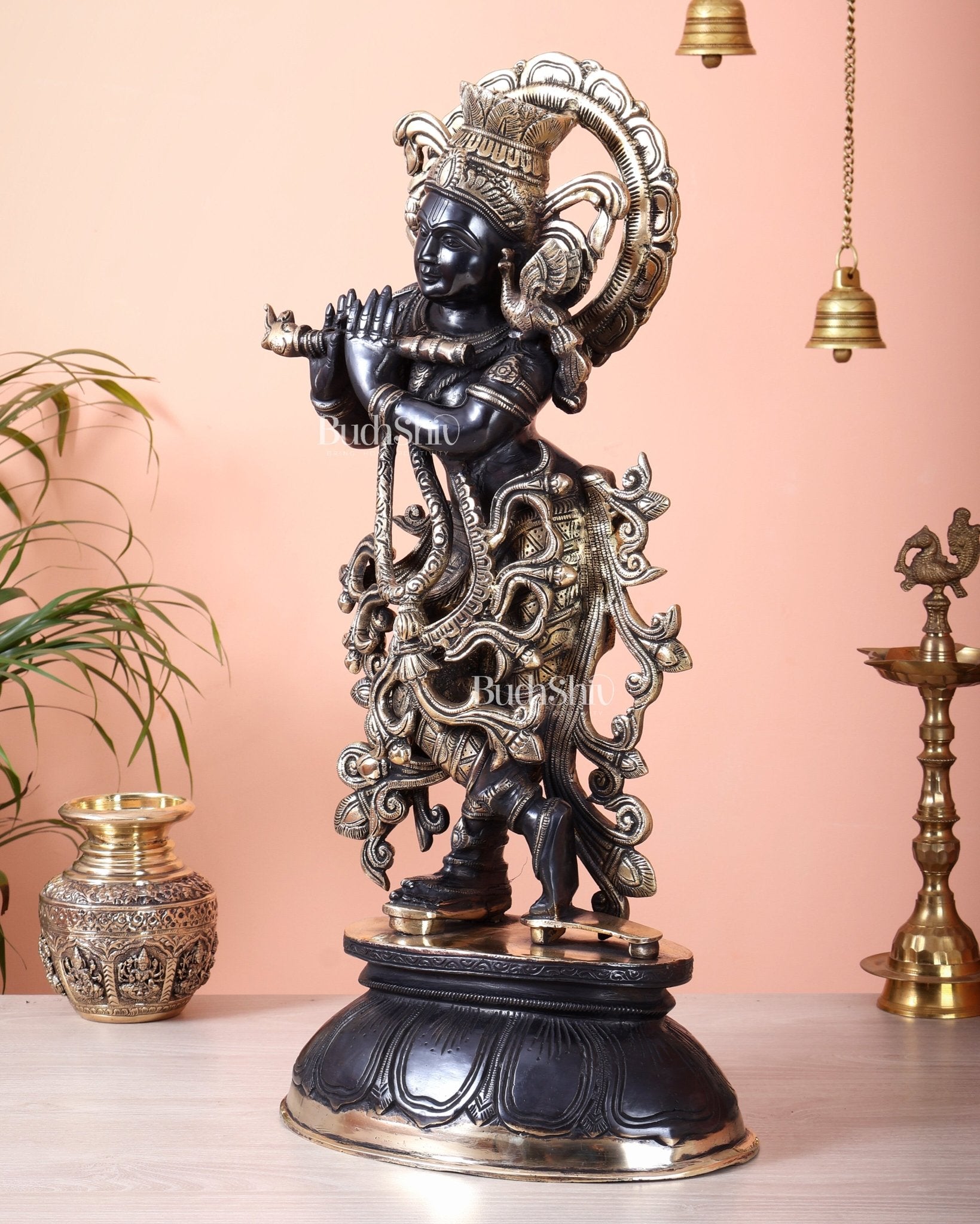 Pure Brass Black Krishna Statue – 22 inch Unique Stance & Divine Presence - Budhshiv.com