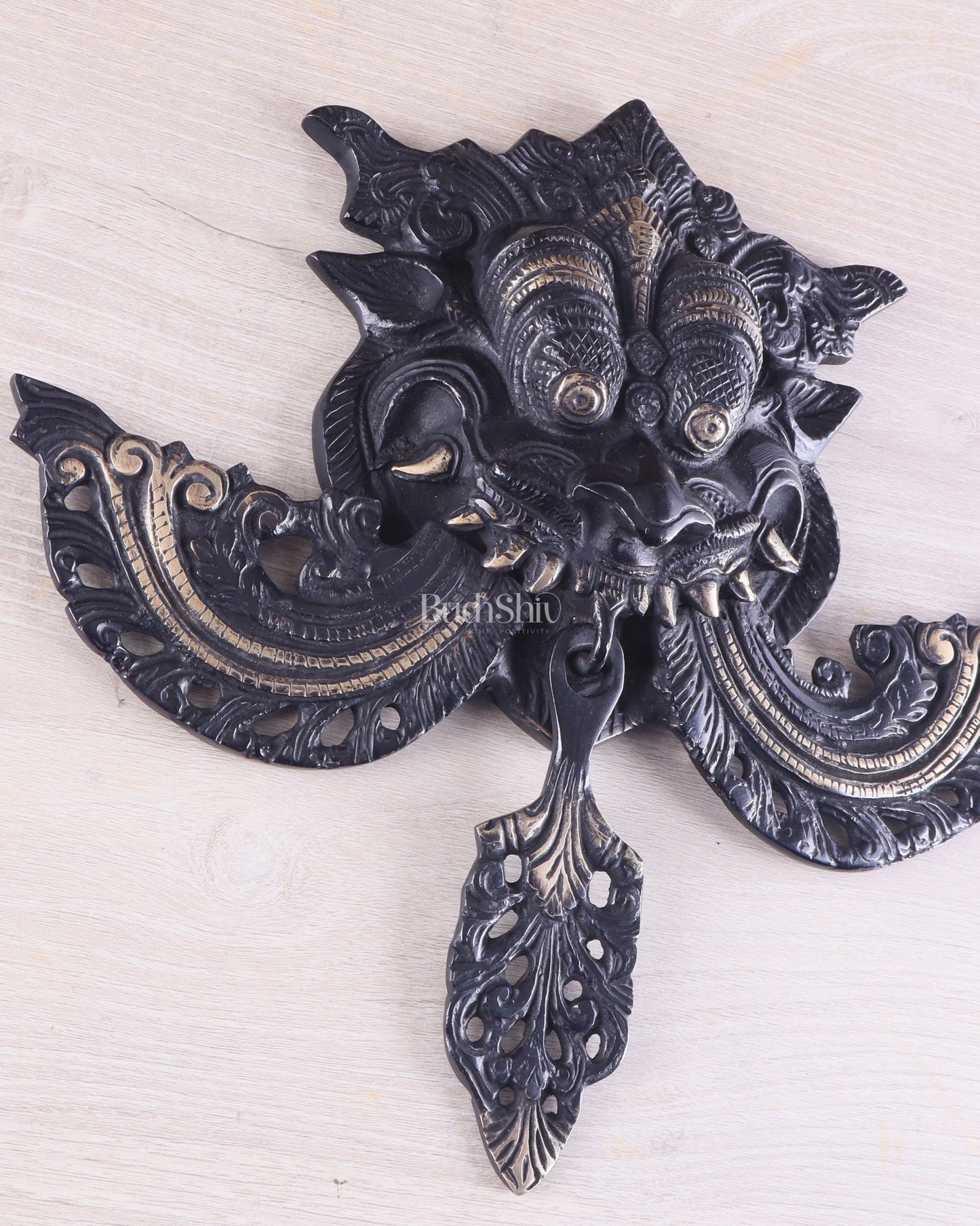 Pure Brass black tone Kirtimukha Yali Wall Hanging - 11" Height - Budhshiv.com