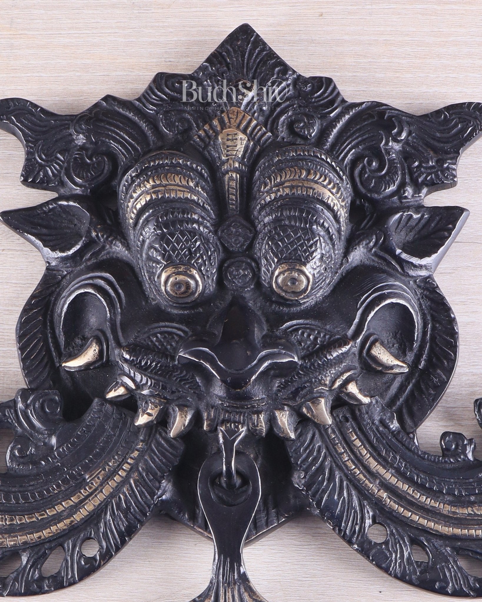 Pure Brass black tone Kirtimukha Yali Wall Hanging - 11" Height - Budhshiv.com