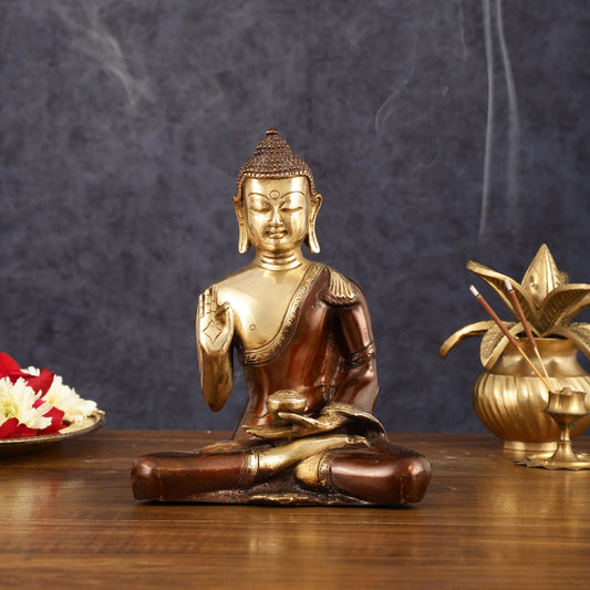 Pure Brass Blessing Buddha Idol - Dual Tone, 7.5" Height - Budhshiv.com
