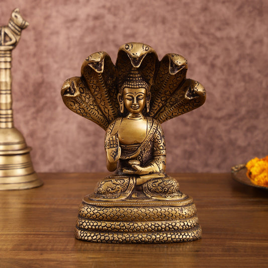 Pure Brass Blessing Buddha Idol under Serpent Muchalinda | Iconic Sculpture 8 Inch - Budhshiv.com