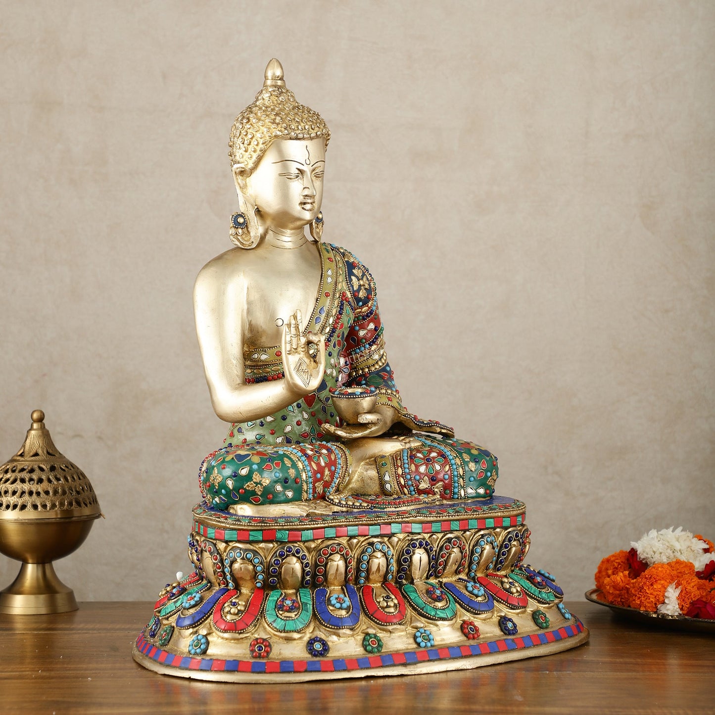 Pure Brass Blessing Buddha Idol with Mosaic Floral Stonework - 20 Inch - Budhshiv.com