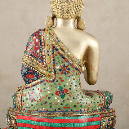 Pure Brass Blessing Buddha Idol with Mosaic Floral Stonework - 20 Inch - Budhshiv.com