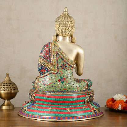 Pure Brass Blessing Buddha Idol with Mosaic Floral Stonework - 20 Inch - Budhshiv.com